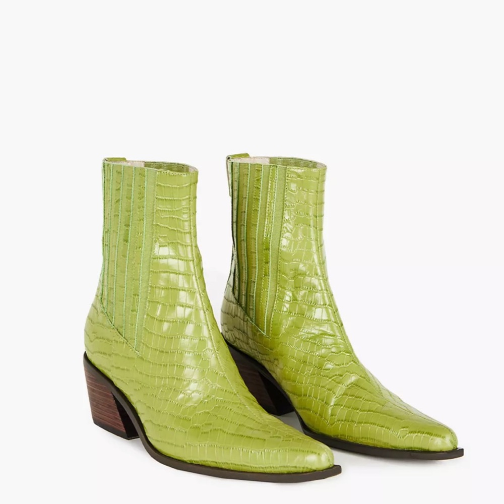 Intentionally Blank Leather Hillary Boots in slime green. Size 8